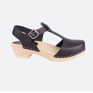 Lotta black leather t strap clog size 42